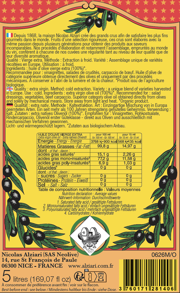 Bidon Huile d'olive cuvée Pauline 5 L Bio*