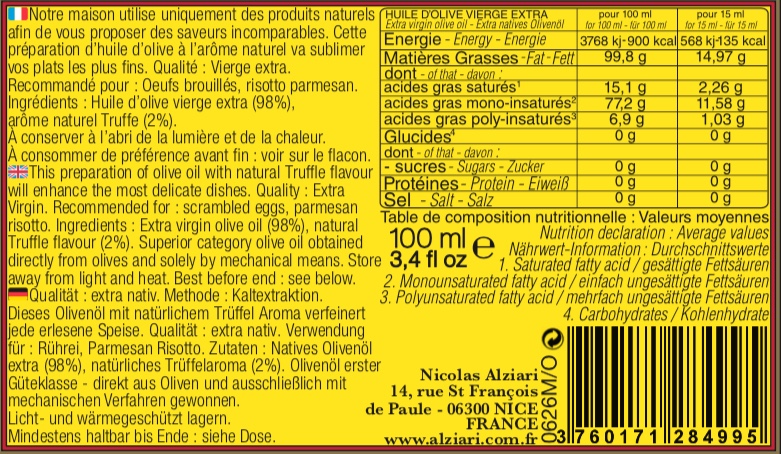 Bidon huile d'olive Diamant Noir 100 ml