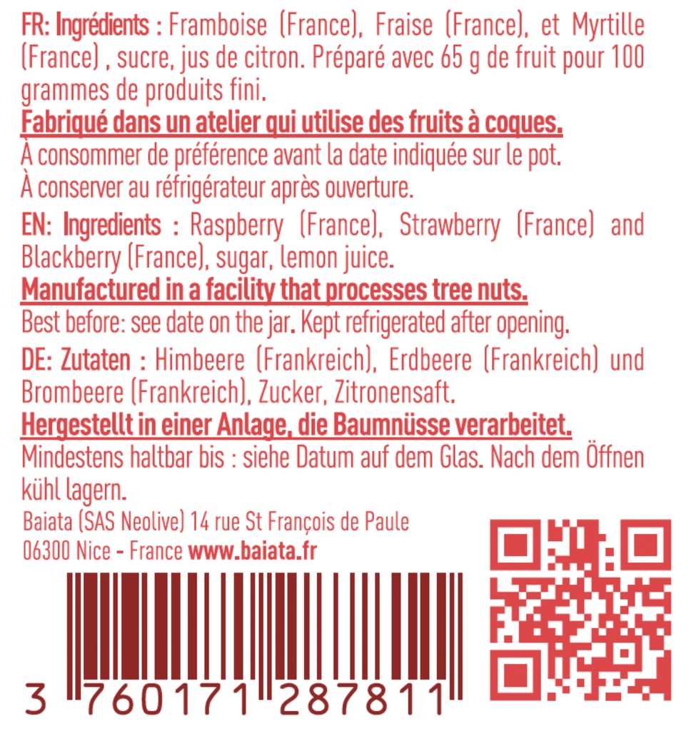 Délice de Fruits « 3 fruits rouges » 230g - Baiata