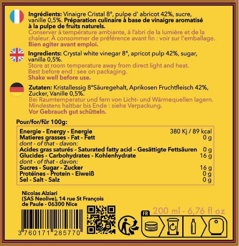 Vinaigre à la pulpe d'Abricot et Vanille 200 ml - Alziari