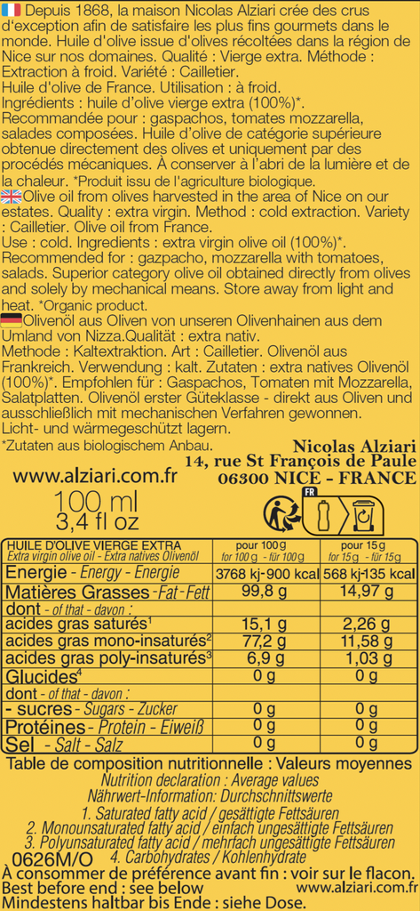 Huile d'olive Cesar AOP Nice BIO* 100 ml pompe - Alziari