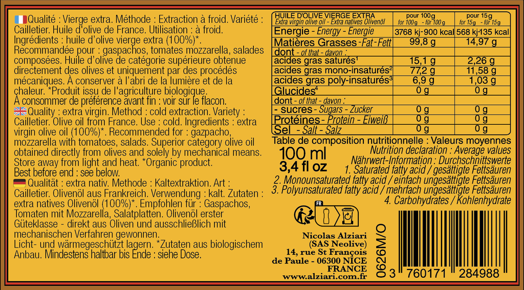 Bidon huile d'olive cuvée César 100 ml (AOP Nice) BIO* - Alziari