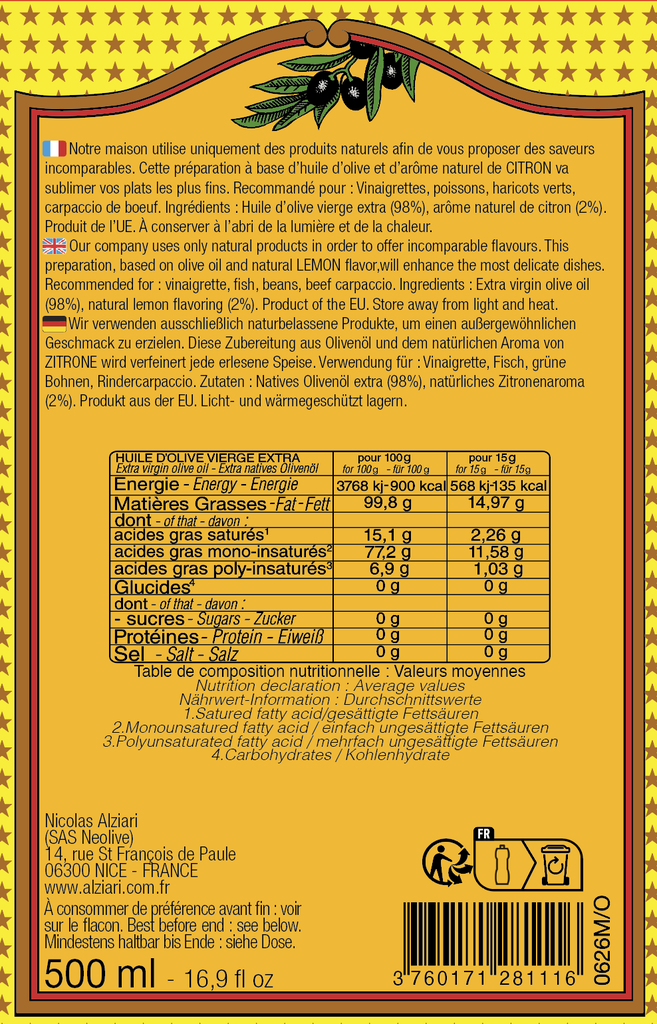 Huile aromatisee CITRON 500 ML - Alziari