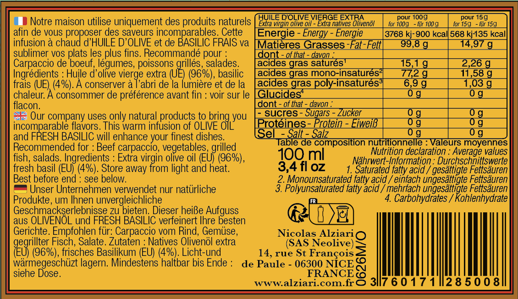 Bidon huile d'olive BASILIC 100 ml - Alziari