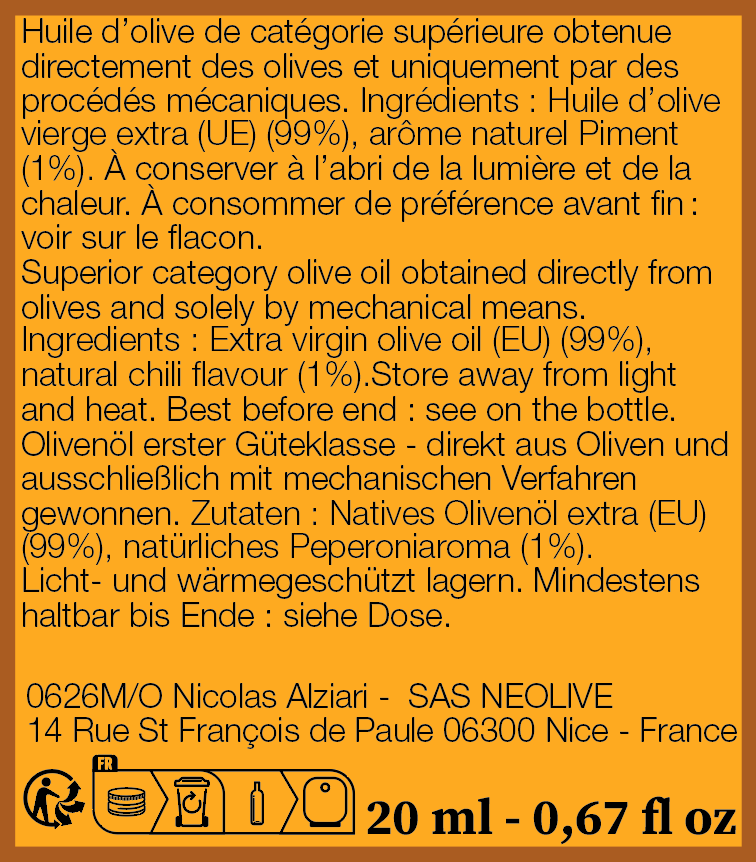 Mignonnette 20 ml en VERRE huile Piment - Alziari