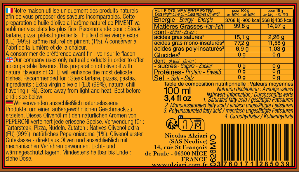 Bidon huile d'olive PIMENT 100 ml - Alziari