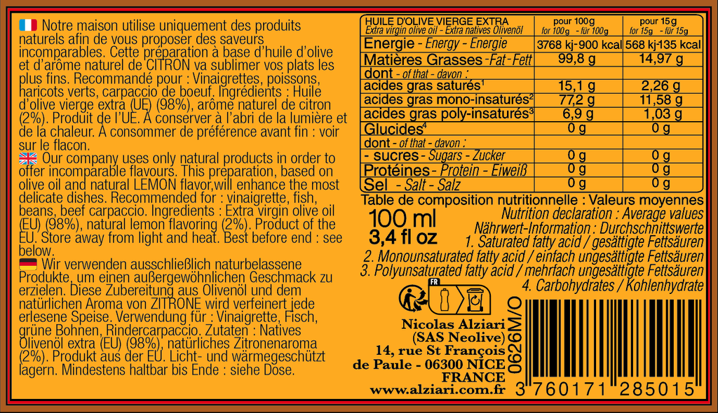 Bidon huile d'olive CITRON 100 ml - Alziari