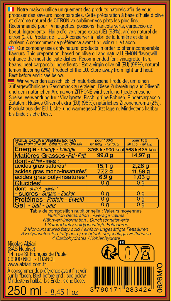 Huile d'olive aromatisee CITRON 250 ML - Alziari