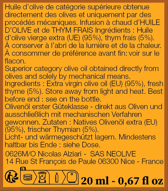 Mignonnette 20 ml en VERRE huile THYM - Alziari