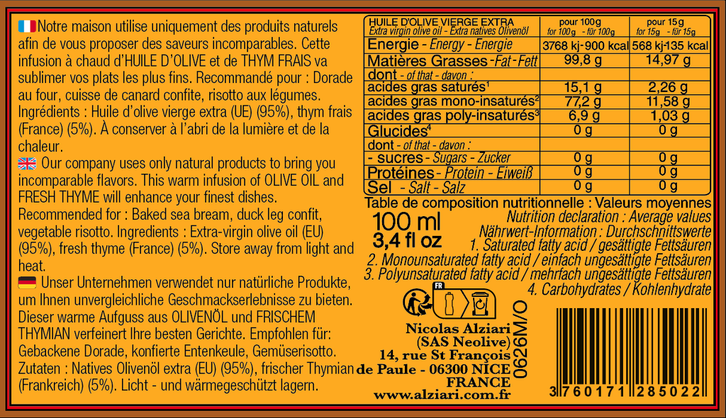 Bidon huile d'olive infusée au THYM Frais 100 ml - Alziari