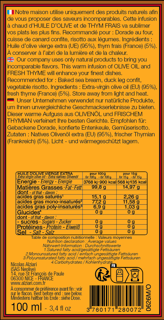 Huile d'olive aromatisee THYM 100 ML (flacon pompe) - Alziari