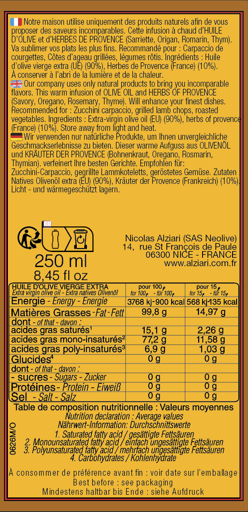 Huile d'olive infusée aux HERBES DE PROVENCE 250 ML - Alziari