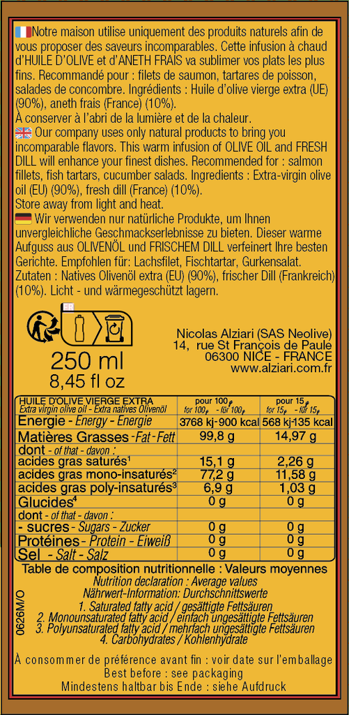Huile d'olive infusée ANETH 250 ML - Alziari