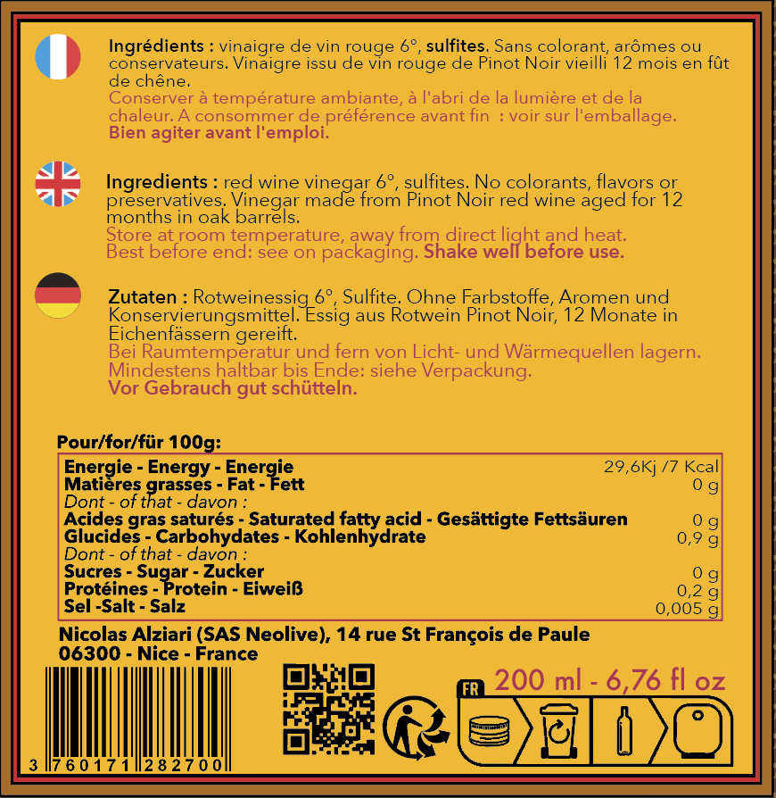 Vinaigre de Vin rouge 200 ml - Alziari