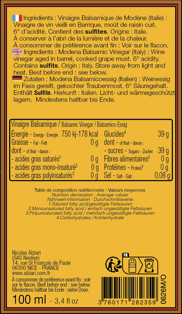 Vinaigre Balsamique cuvée PREMIUM 100 ml (flacon pompe) - Alziari