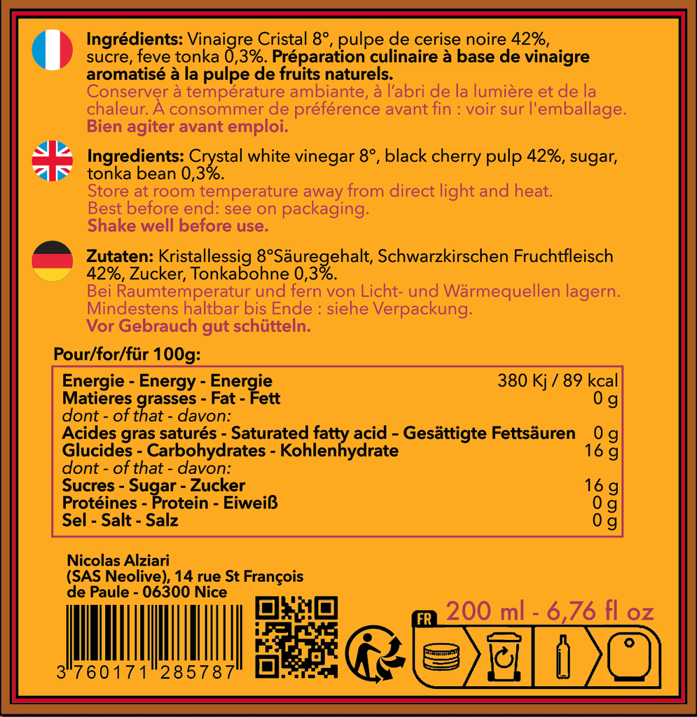Vinaigre à la pulpe de Cerise et feve Tonka 200 ml - Alziari