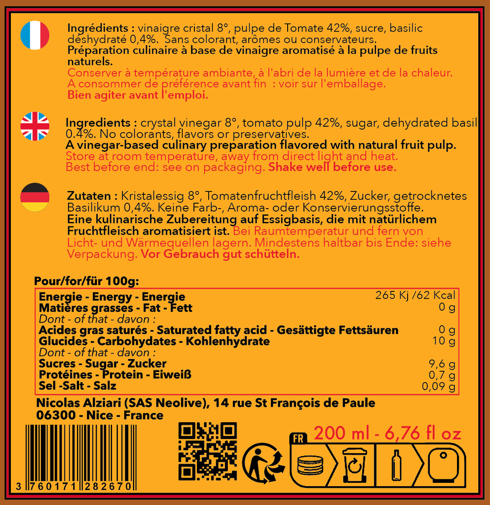 Vinaigre a la pulpe Tomate Basilic 200ml - Alziari