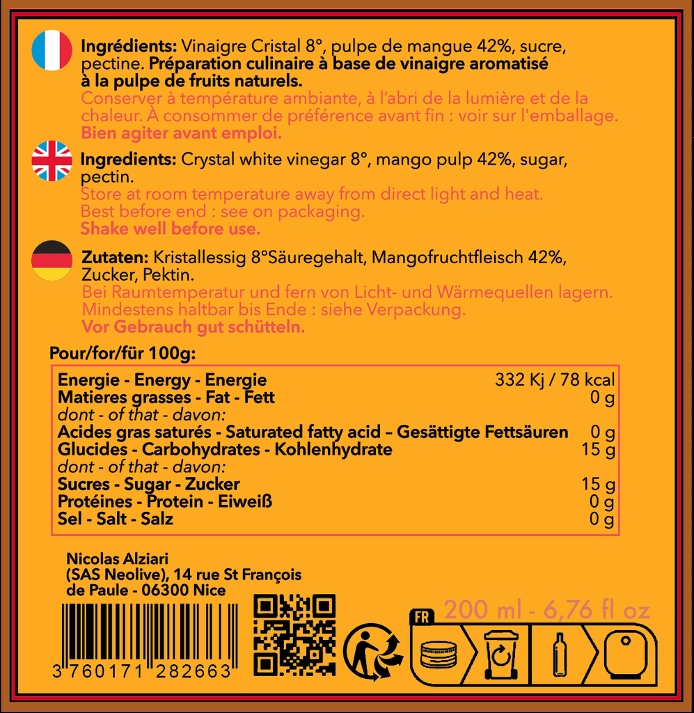 Vinaigre a la pulpe de Mangue 200 ml - Alziari