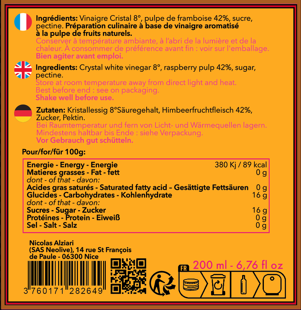 Vinaigre a la pulpe de Framboise 200 ml - Alziari