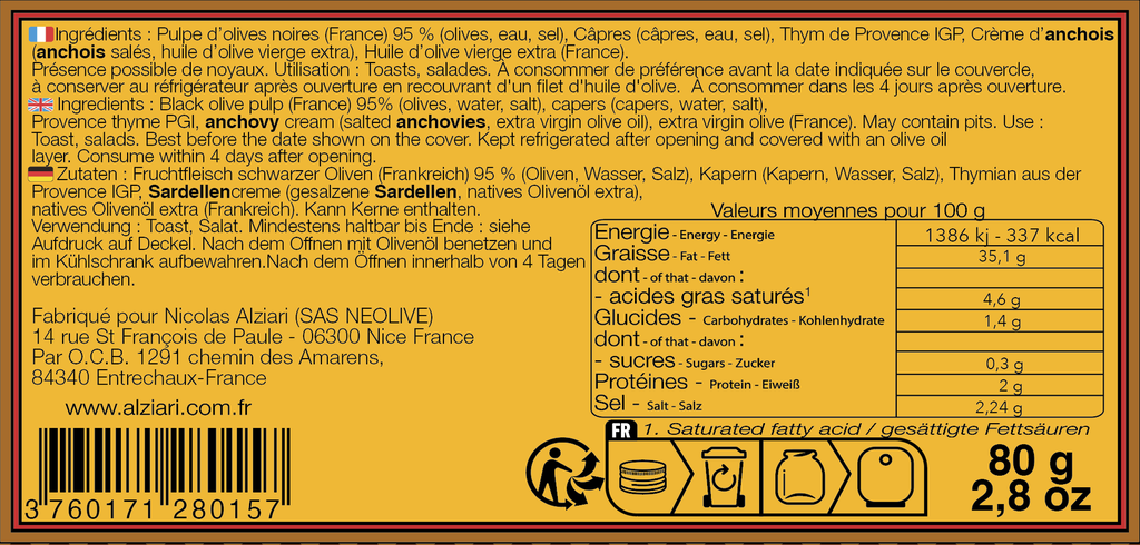 Tapenade d'olives noires 80 gr - Alziari