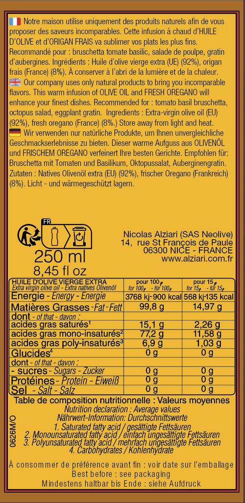 Huile d'olive infusée ORIGAN 250 ML - Alziari