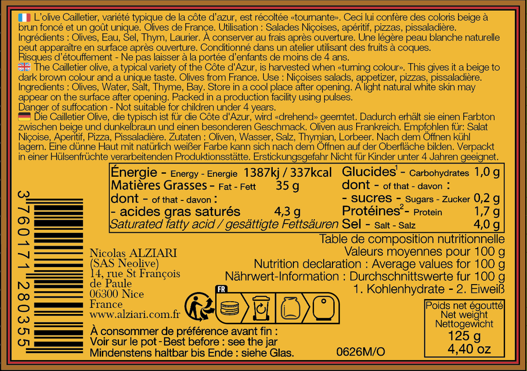 Bocal d'Olives cailletier 125g - Alziari