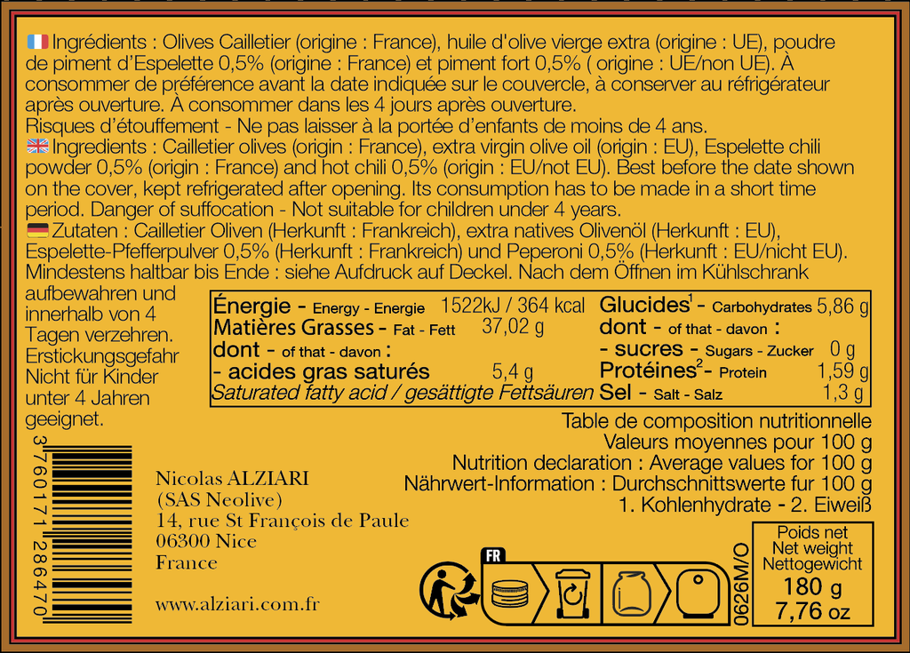 Bocal olives CAILLETIER aux 2 piments 180 g - Alziari