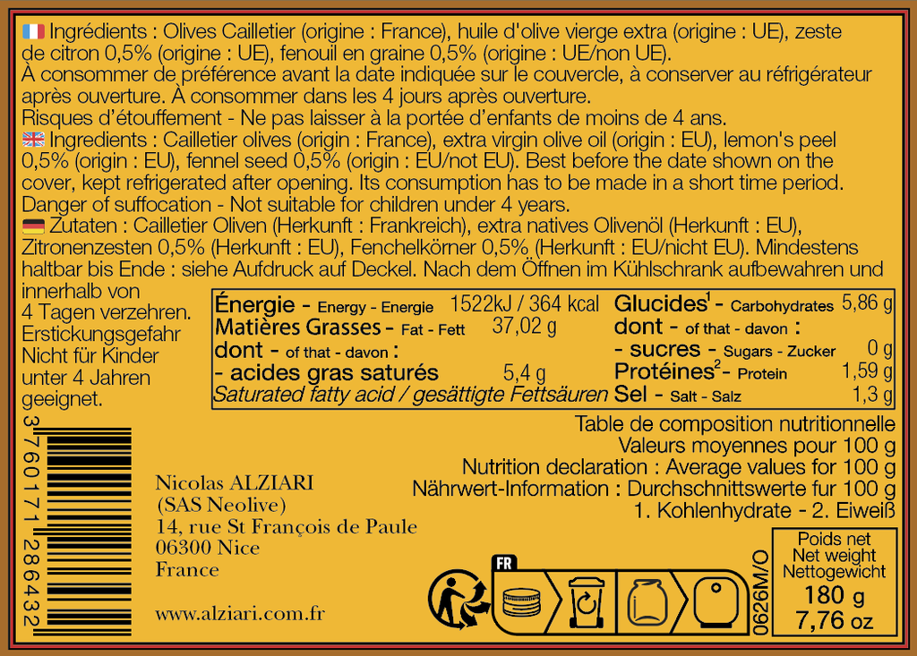 Bocal olives CAILLETIER citron, fenouil 180 g - Alziari