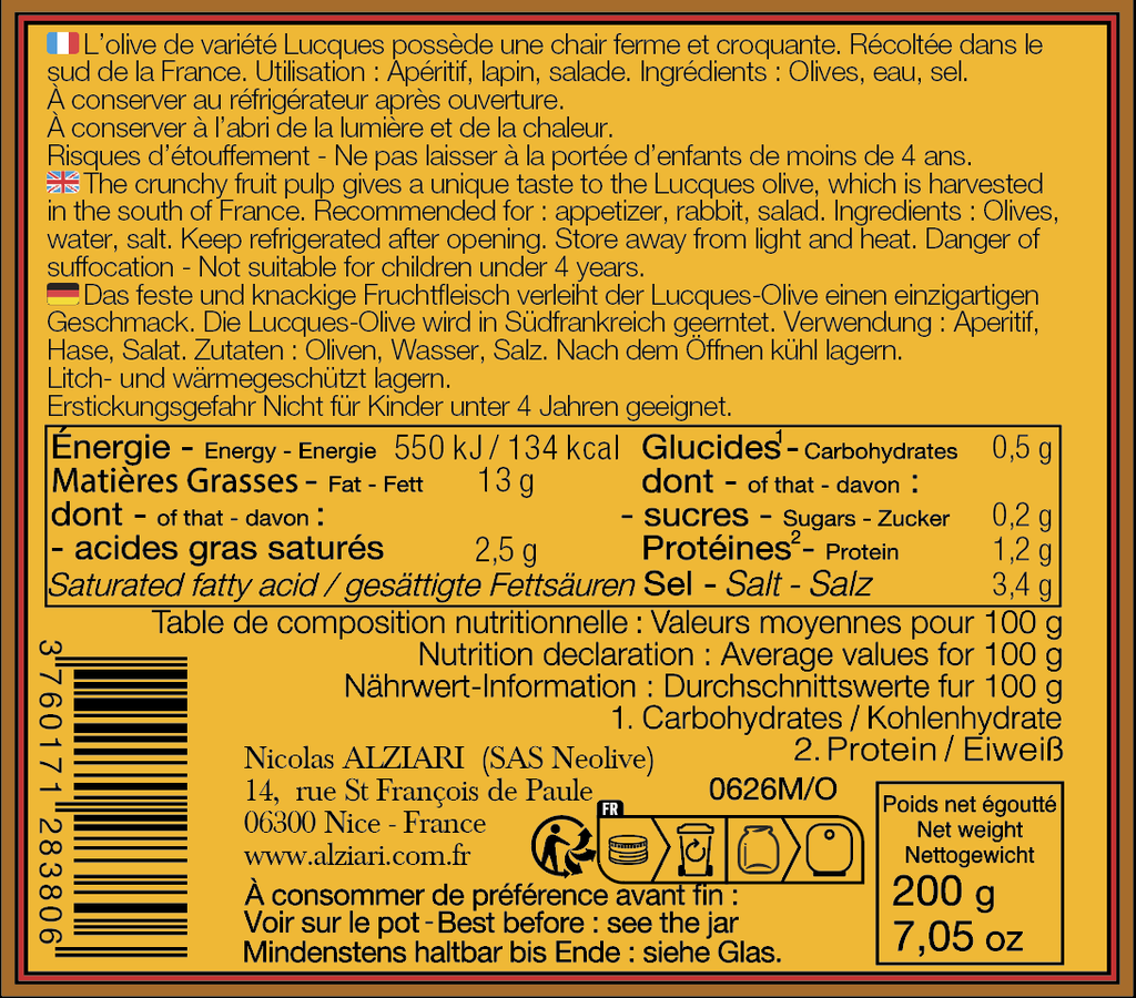 Bocal olives Lucques 200 gr