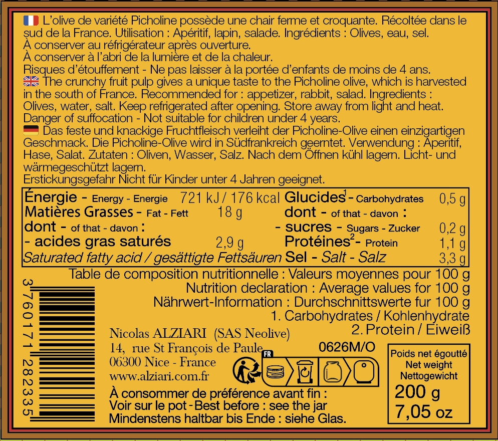 Bocal Olives Picholine 200gr - Alziari