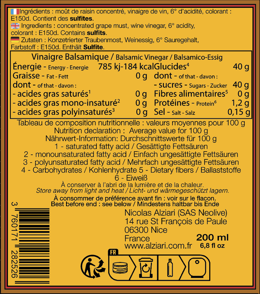 Vinaigre Balsamique cuvée Silver 200 ml - Alziari