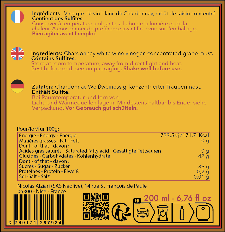 Vinaigre balsamique blanc 200 ml - Alziari