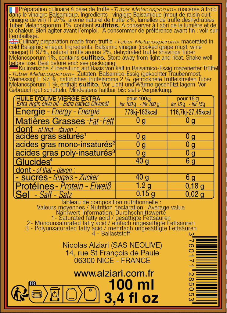 Préparation à  base de Vinaigre balsamique et d'arome naturel truffe 100 ml - Alziari