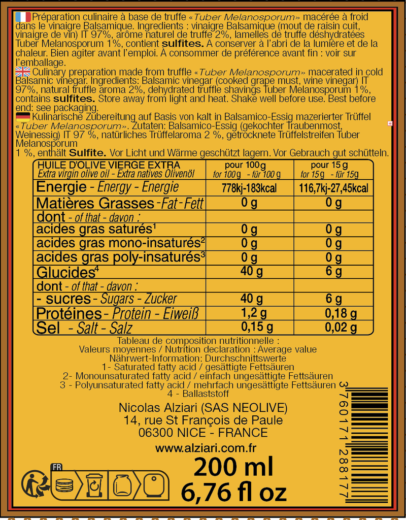 Préparation à  base de Vinaigre balsamique et d'arome naturel truffe 200 ml - Alziari