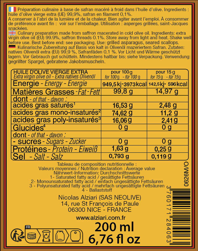 Préparation à  base d'Huile d'olive et Safran en filament 200 ml - Alziari