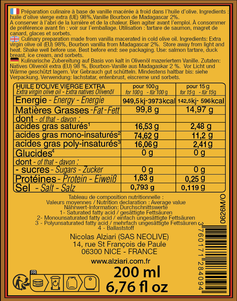 Préparation à  base d'Huile d'olive et Gousse de Vanille 200 ml - Alziari