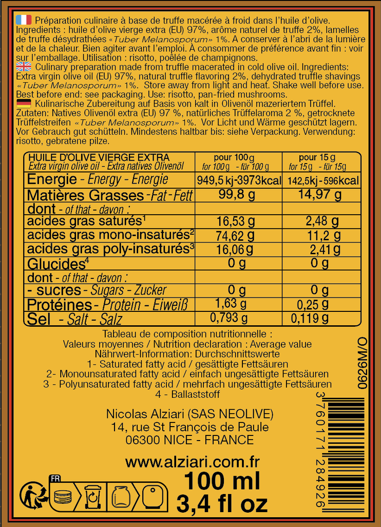 Huile d'olive macération TRUFFE 100 ml - Alziari