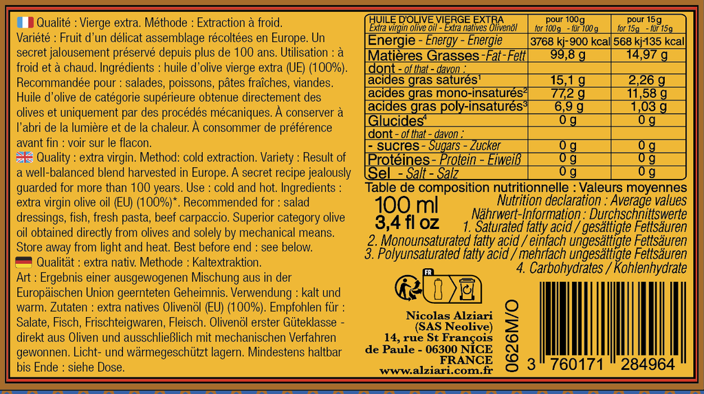 Bidon huile d'olive Prestige 100 ml - Alziari