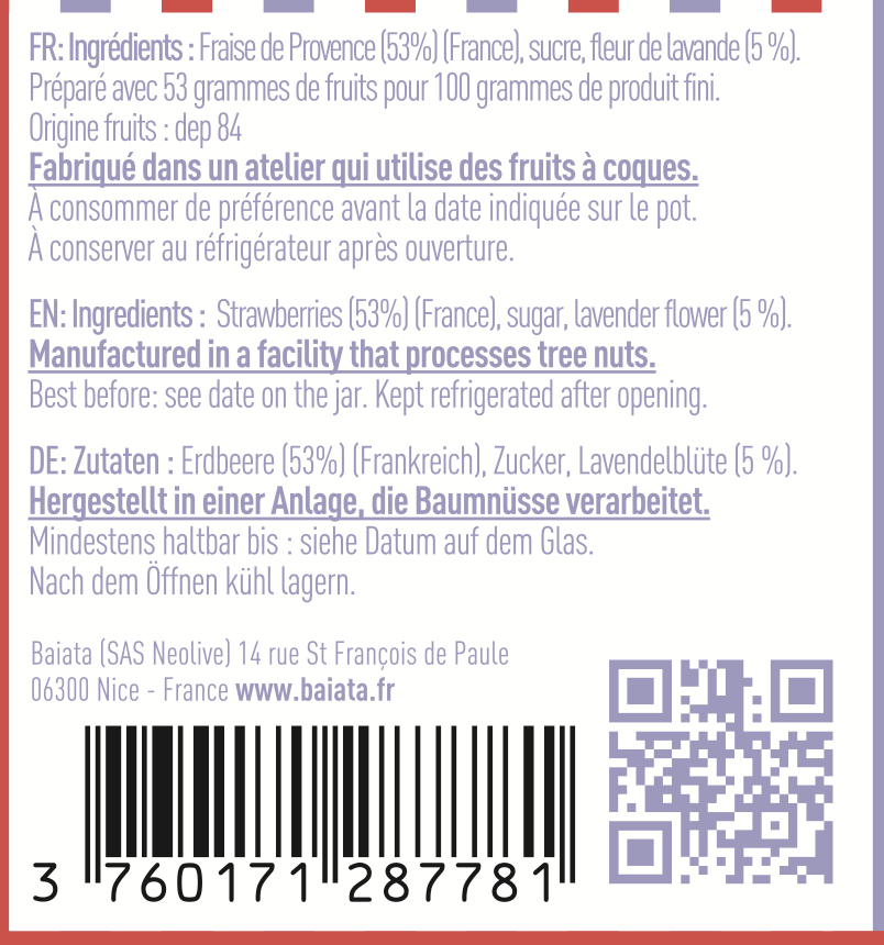 Délice de fruits : "Fraise Lavande" 230g - Baiata