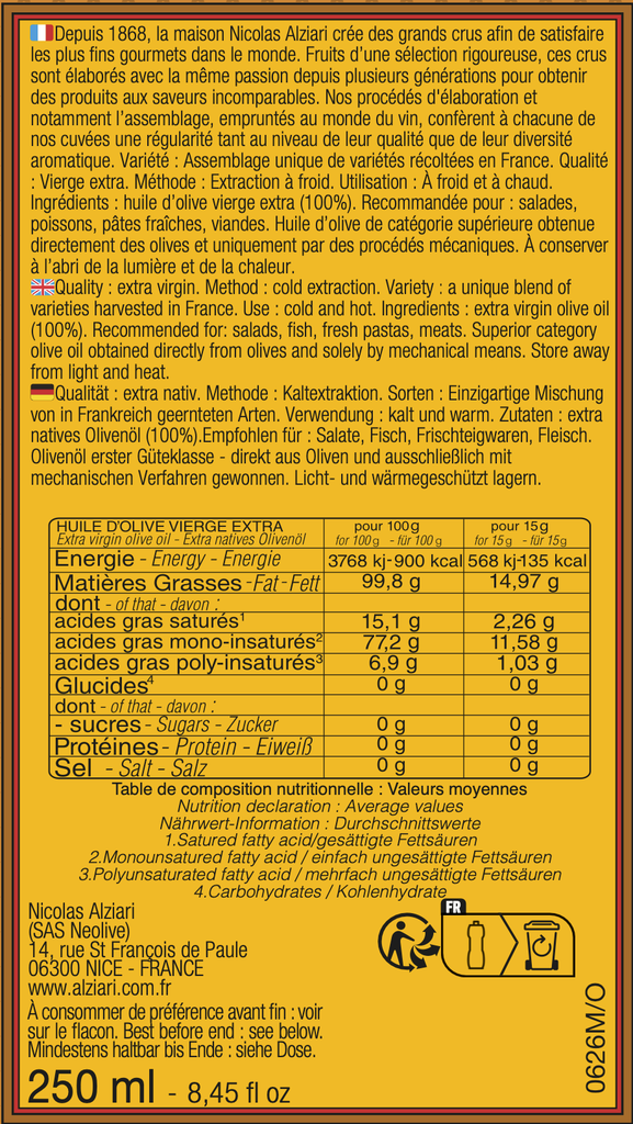 Bidon 250 ml huile d'olive cuvée JEANNE - Alziari 