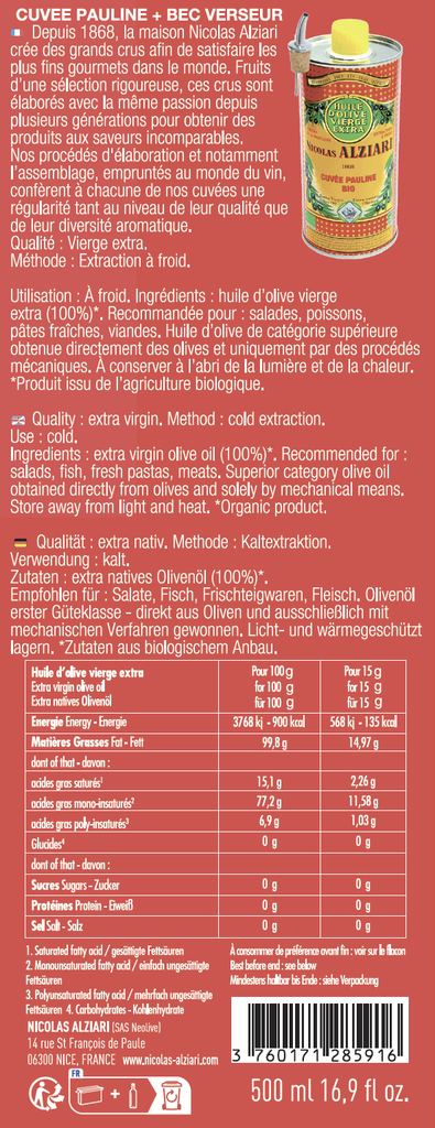 Etui rouge : CUVÉE PAULINE BIO* 500 ml + Bec Verseur - Alziari