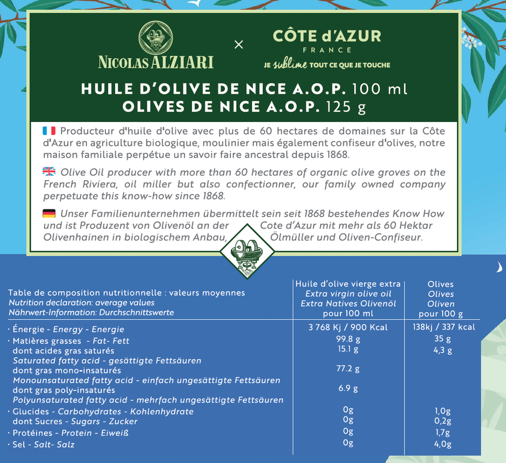 Pack Cote d'Azur France (AOP Nice : Huile 100 ml + Olives 125gr) - Alziari