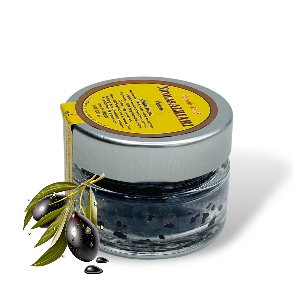 25g Glas geraspelte getrocknete schwarze Oliven - Alziari