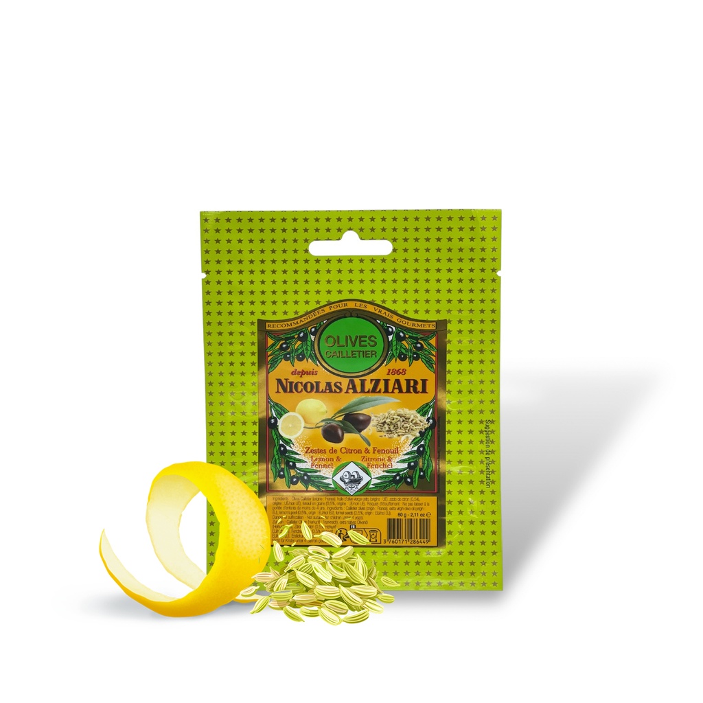Olives Cailletier citron Fenouil 60 g en sachet - Alziari