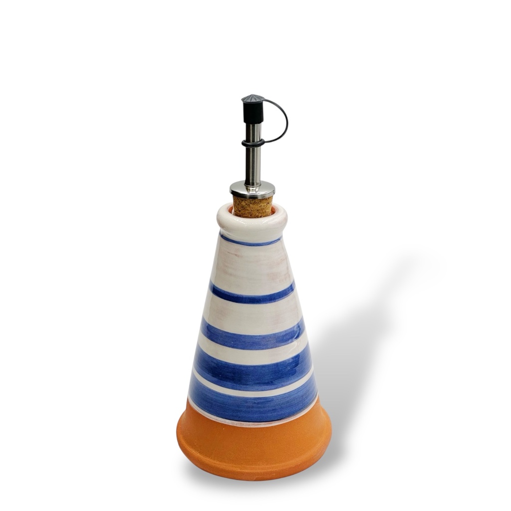 Ölkanne mit Streifenmuster BLAU + Terrakotta 15 cm Pyramide (Vallauris) - Alziari