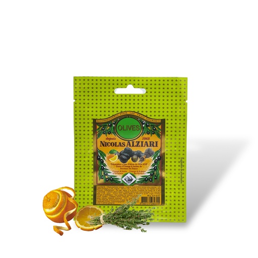 [4915] 60g sachet Cailletier olives with olive oil, orange peel, herbs of Provence - Alziari